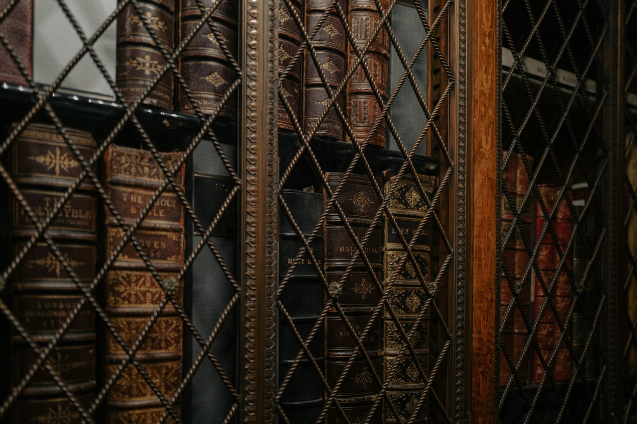 Leather-bound books on library shelves behind a lattice grate