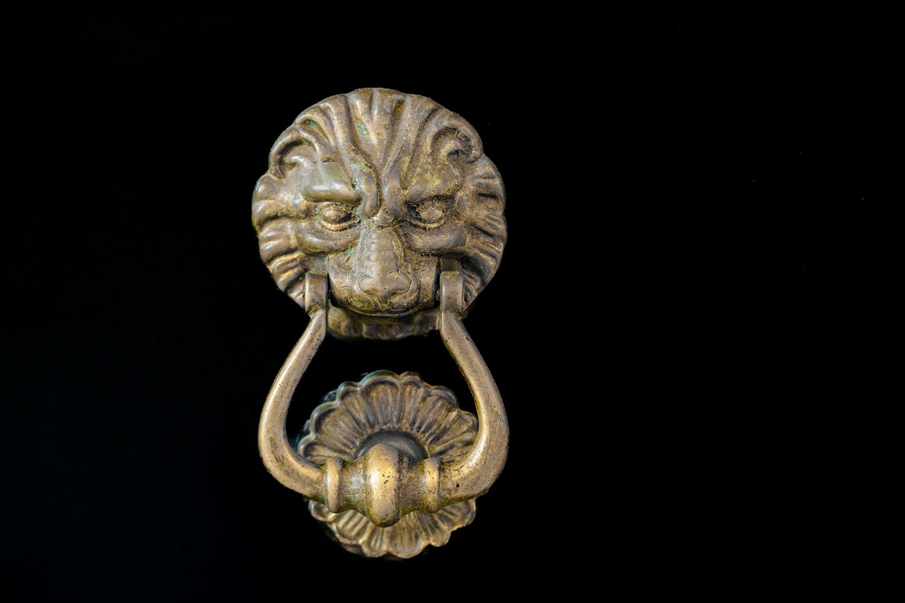 A brass lion-head door knocker on a black door