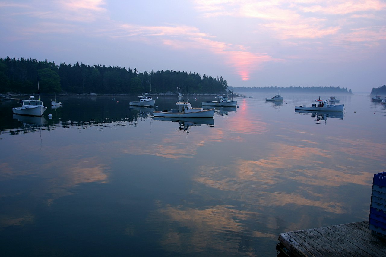 Boats at their moorings in a calm harbour at sunrise