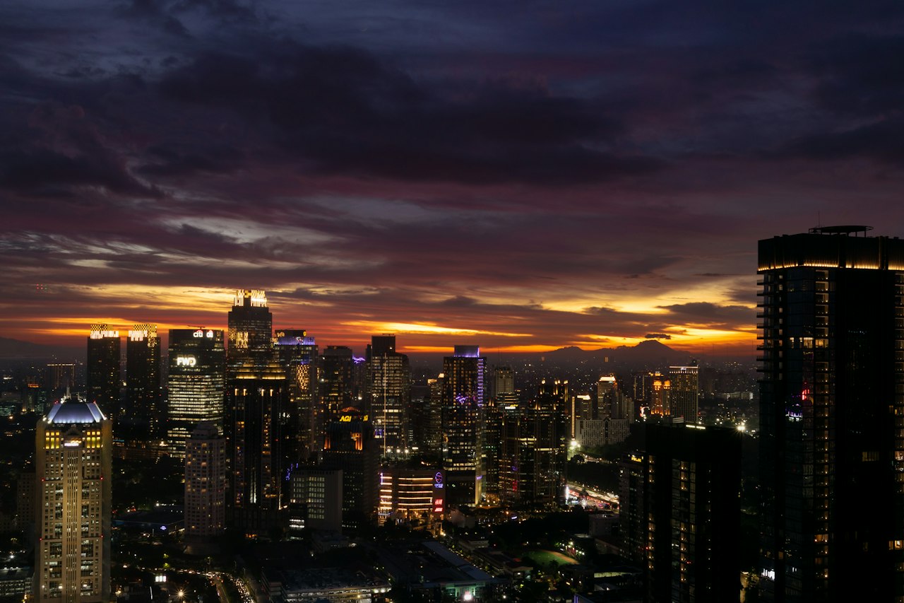 The Jakarta business district skyline at dusk