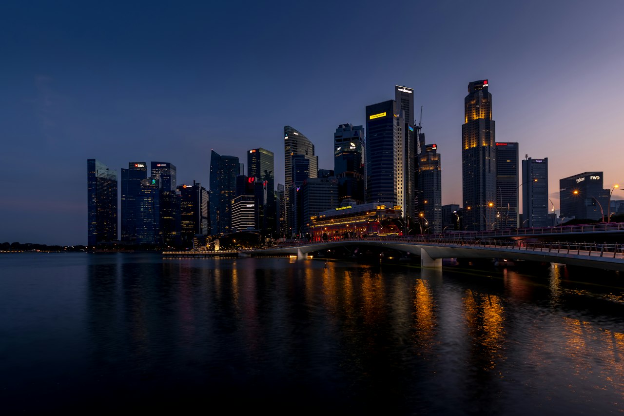 The Marina Bay financial district skyline at blue hour, Singapore