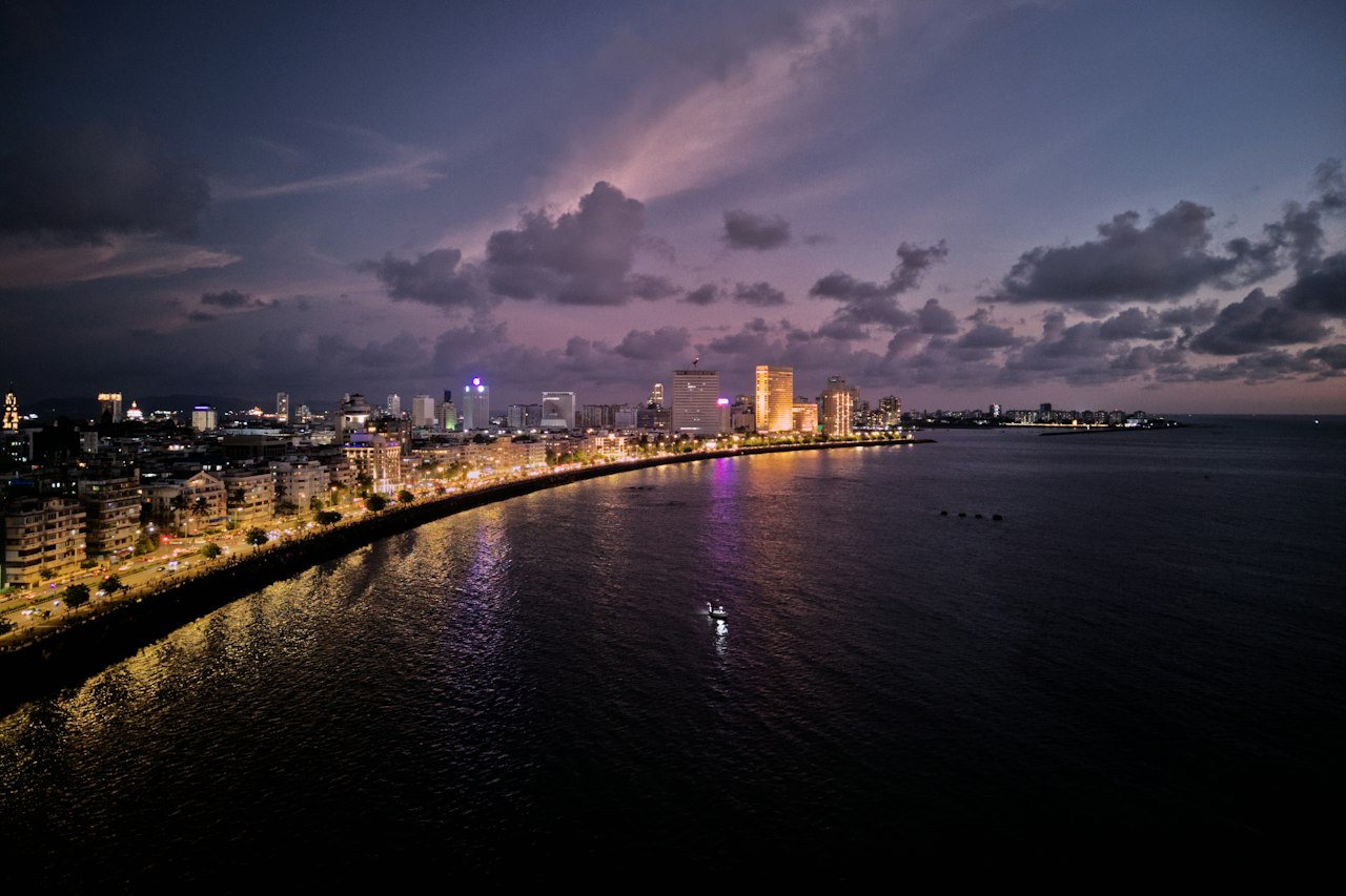 Marine Drive curving along the bay at dusk, Mumbai