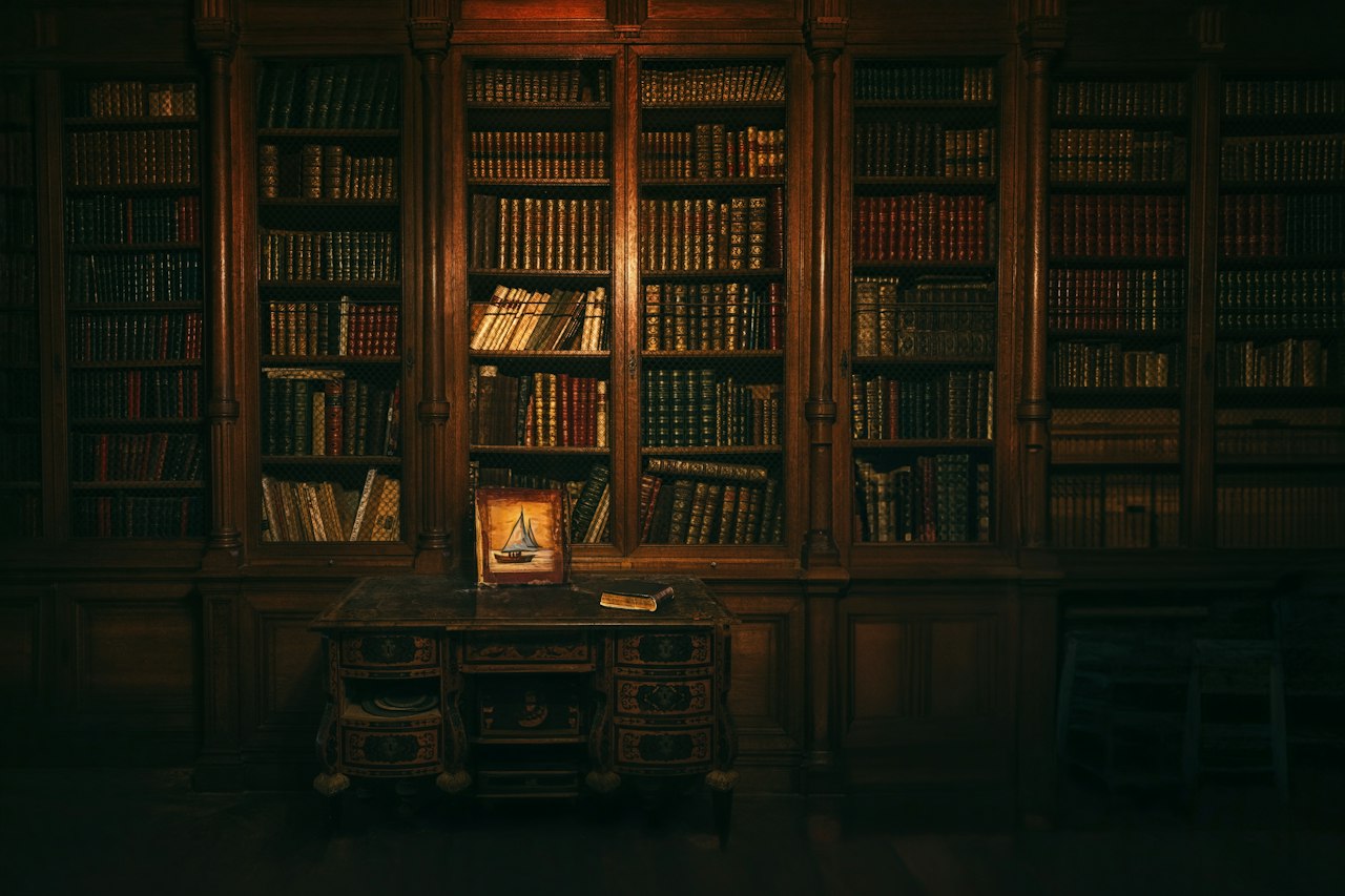 A book-lined study with a model ship on the desk